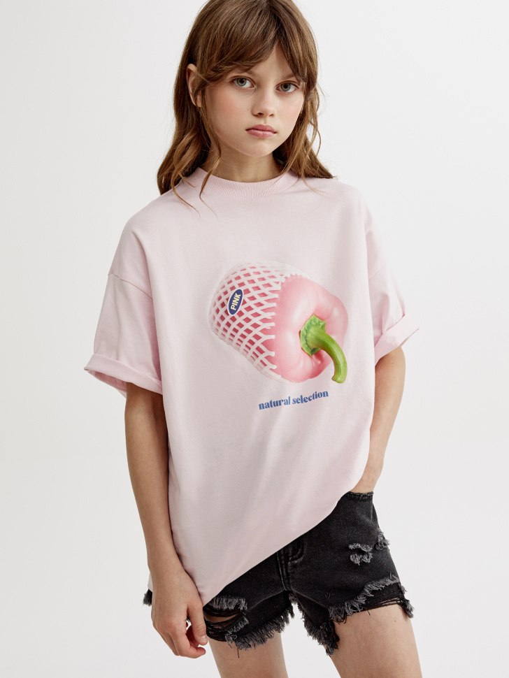 футболка оверсайз с принтом для девочек по цене 1299 руб вид справа