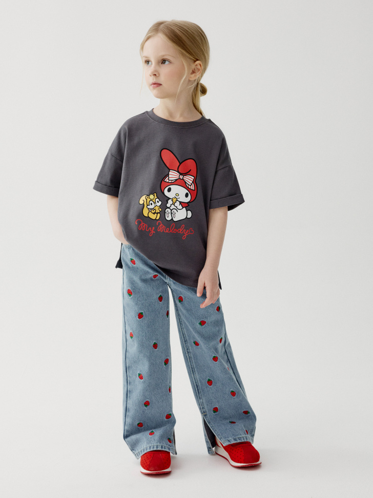 Джинсы Sela широкие для девочек с вышивкой, голубой, арт. 44328