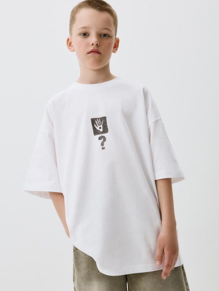 Футболка SELA оверсайз с принтом для мальчиков, белый, арт. 42284