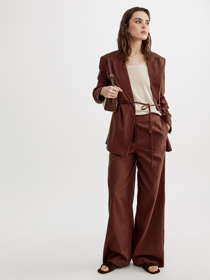 жакет с поясом из смесового хлопка и льна из хлопка спереди