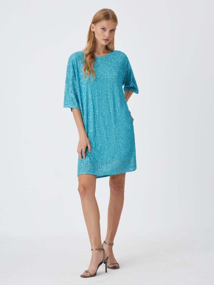 Платье-футболка с пайетками (голубой, S)