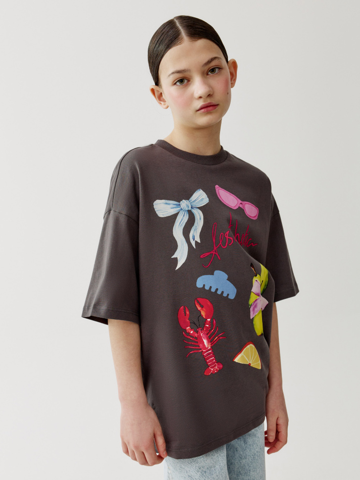 Футболка Sela оверсайз с принтом, серый, арт. 52459