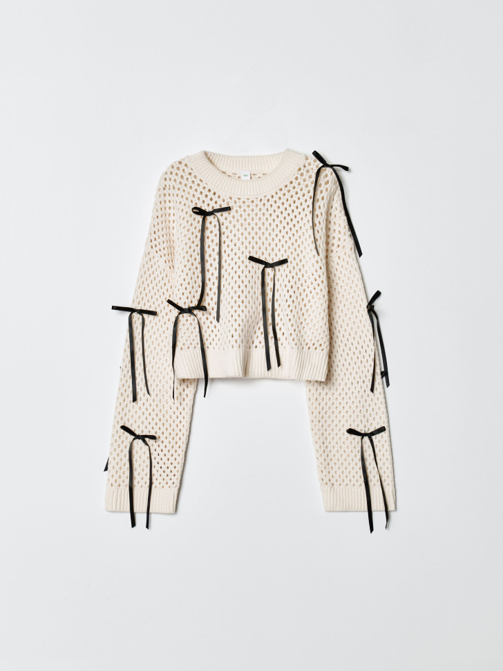 Джемпер Sela укороченный сетка с бантиками для девочек, бежевый, арт. 34514