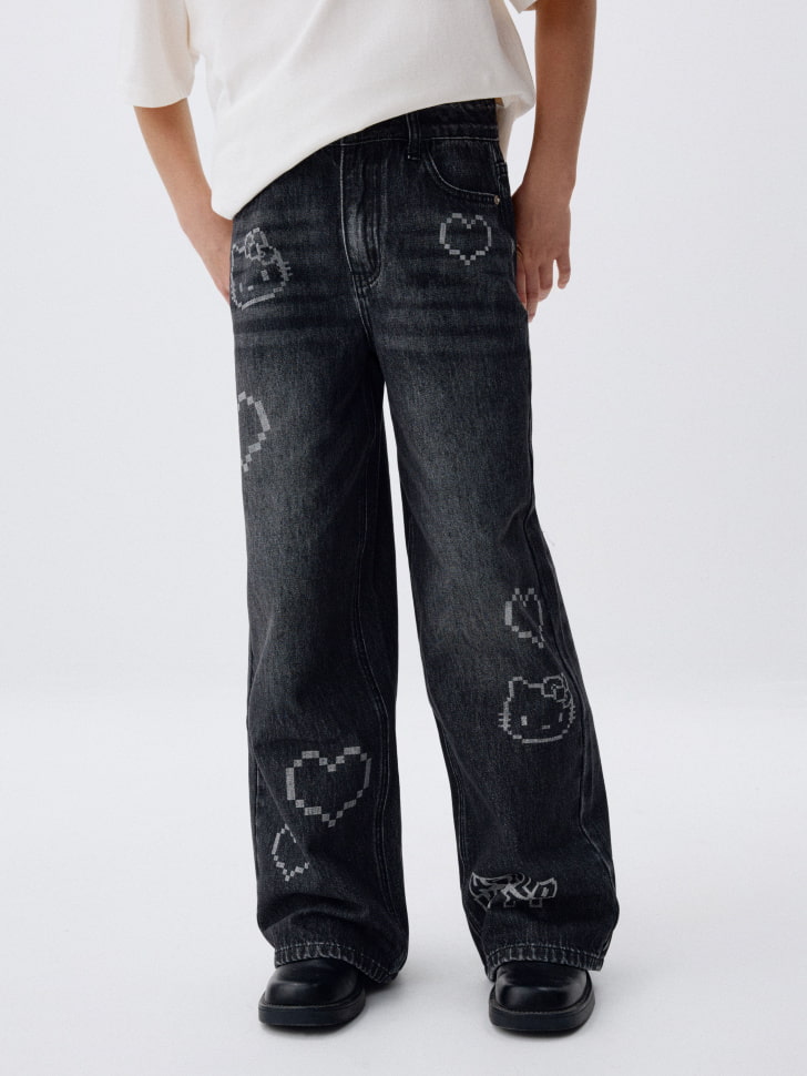 Джинсы Wide leg с принтом Hello Kitty для девочек
