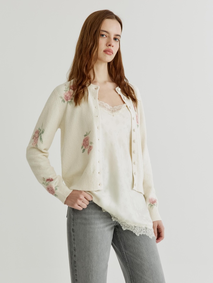 вязаный кардиган с цветочным принтом универсального стиля с лицевой стороны