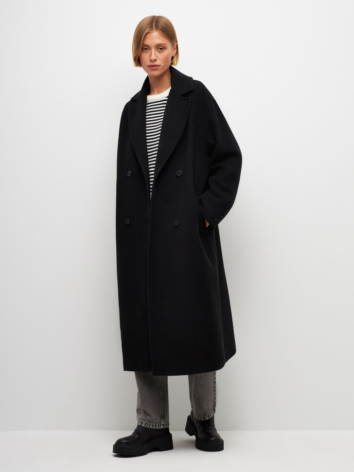 Двубортное пальто с добавлением шерсти (черный, L)