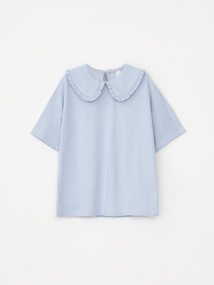 Трикотажная футболка с воротником для девочек (голубой, 134)