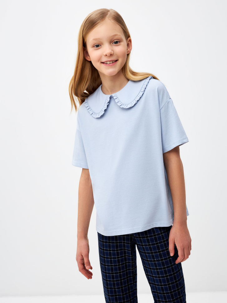 Трикотажная футболка с воротником для девочек (голубой, 158)