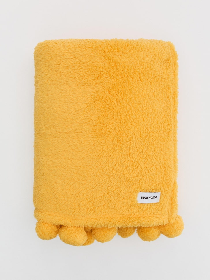 Флисовый плед с помпонами, желтый, арт. 0012345
