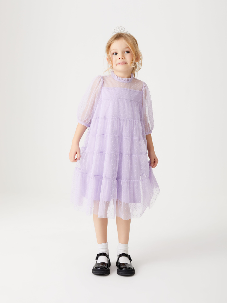 Ярусное платье в горошек для девочек (фиолетовый, 98/ 3-4 YEARS) sela 4680129124410 - фото 1