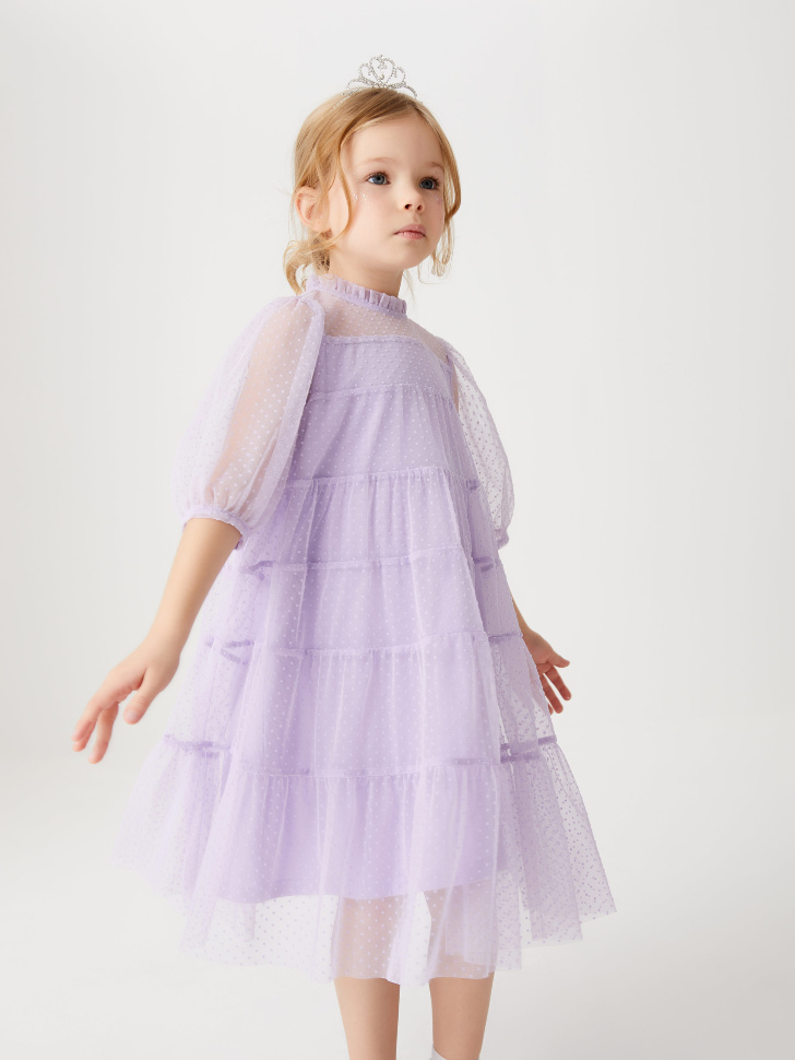 Ярусное платье в горошек для девочек (фиолетовый, 98/ 3-4 YEARS) sela 4680129124410 - фото 5