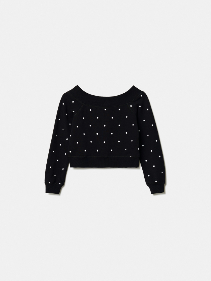 укороченная толстовка с открытыми плечами для девочек из россии вид сбоку