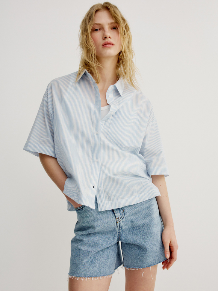Укороченная рубашка оверсайз Sela, голубой, арт. 52376