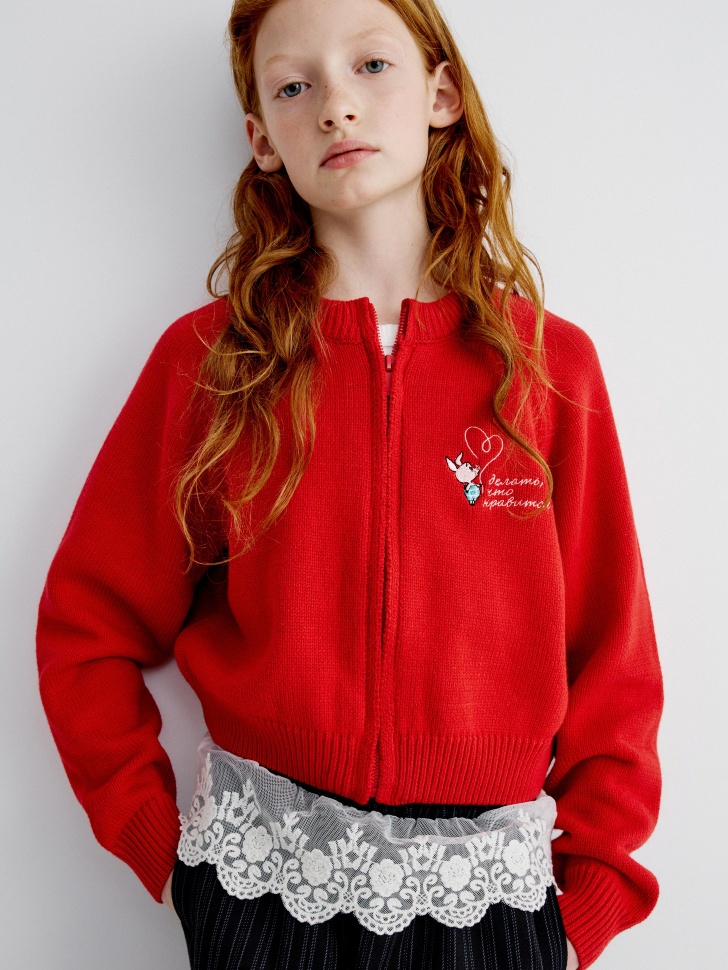 Вязаный кардиган SELA x Союзмультфильм для девочек, красный, арт. 35052