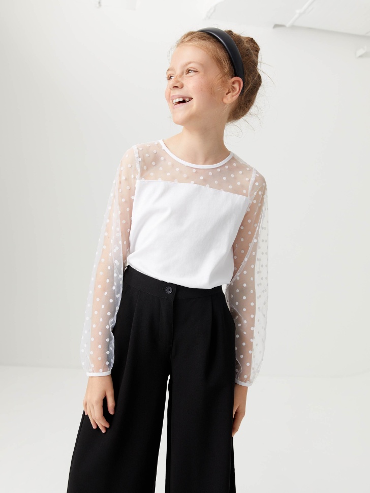 

Блузка с кокеткой и рукавами из сетки для девочек, Белый