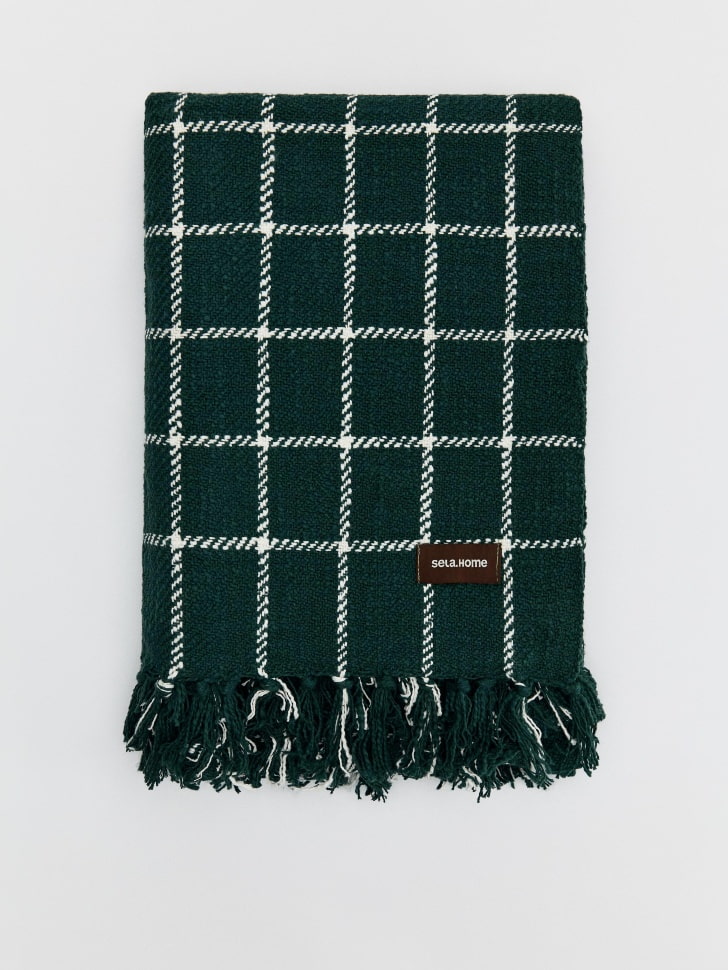 Плед в клетку с бахромой, зеленый, белый, арт. не найден