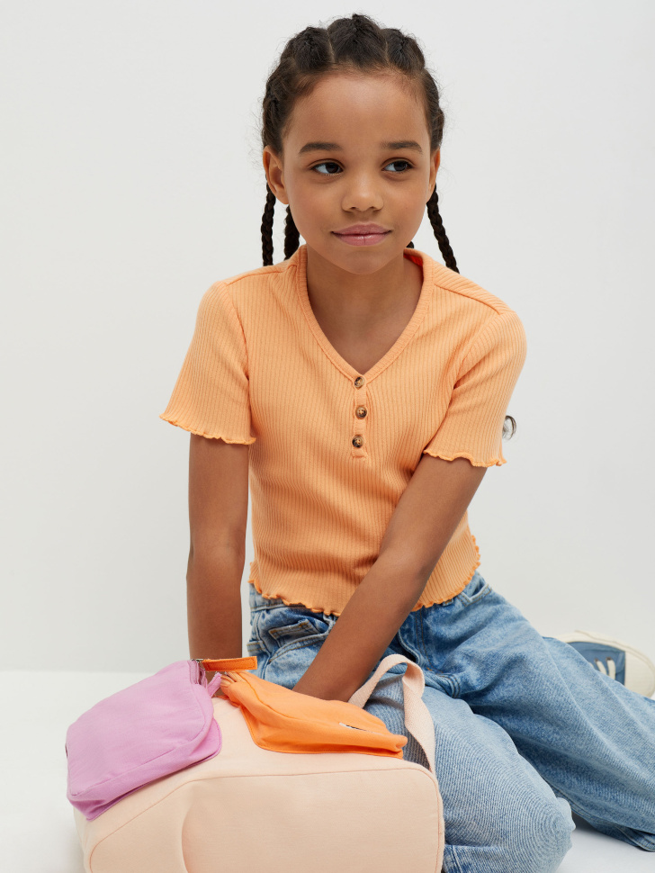 Трикотажная футболка в рубчик для девочек (оранжевый, 134) от Sela