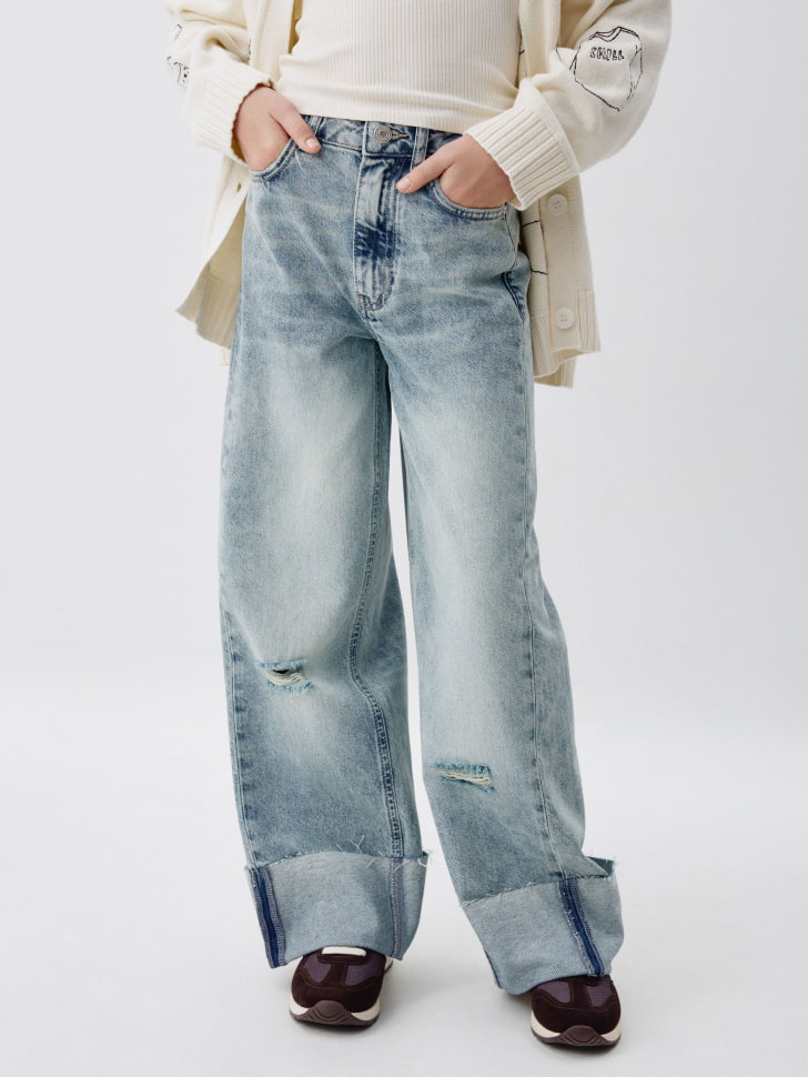 Джинсы Wide Leg с подворотами для девочек