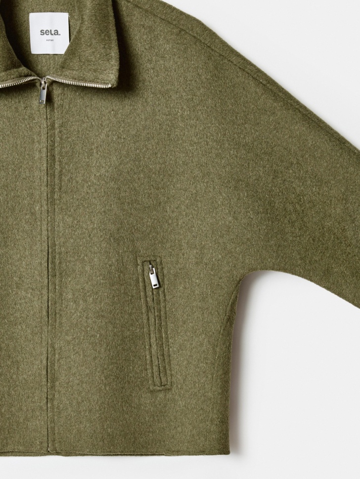 полупальто оверсайз на молнии из смесовой шерсти универсального стиля с лицевой стороны