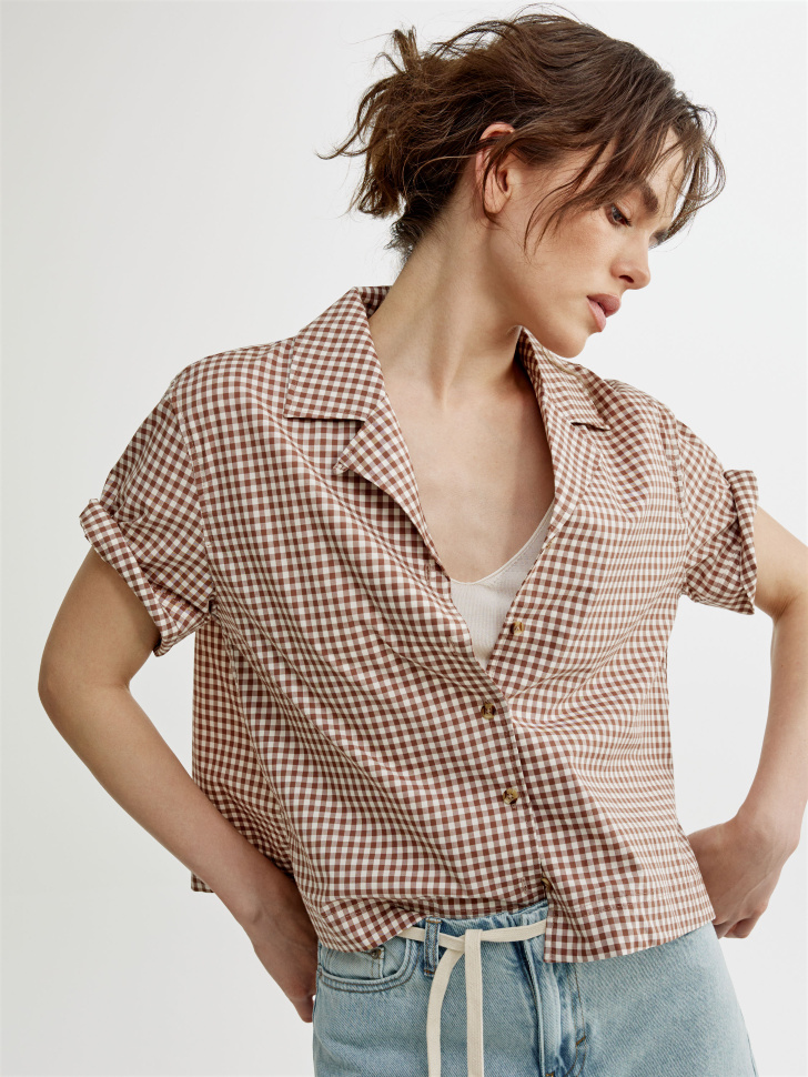Укороченная рубашка Sela в клетку, коричневый, арт. 53677