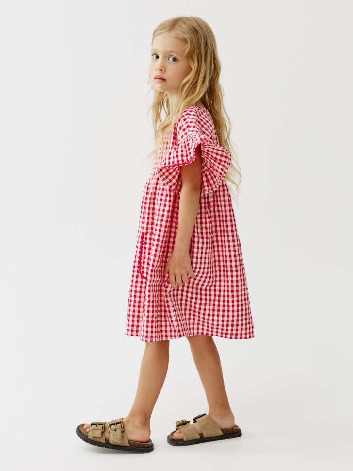 хлопковое платье оверсайз в клетку для девочек от бренда sela вид слева