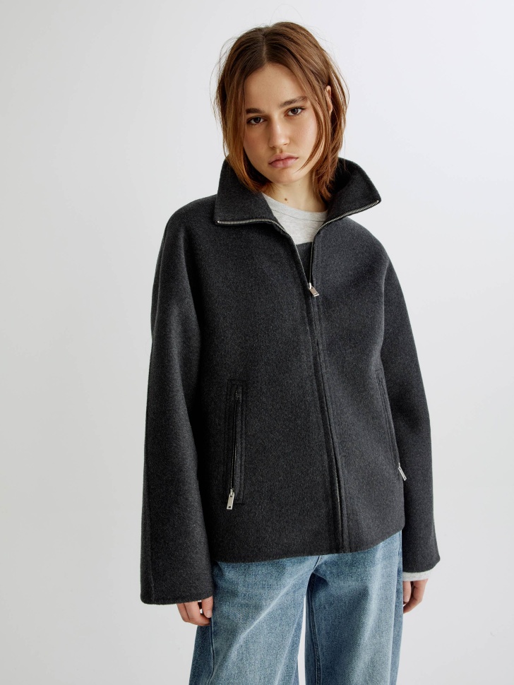 полупальто оверсайз на молнии из смесовой шерсти из шерсти спереди