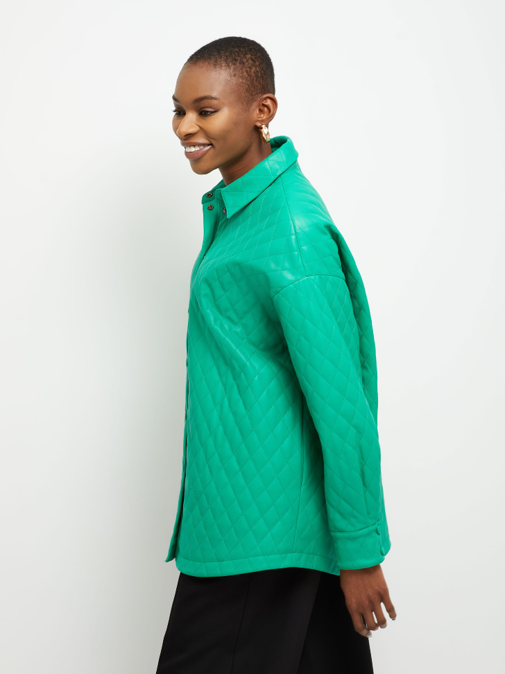 Cтеганая куртка-рубашка из экокожи (зеленый, M) sela 4680129269012 - фото 4