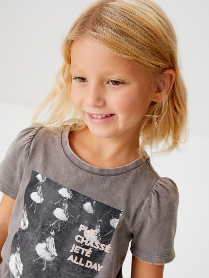

Футболка с эффектом стирки и принтом для девочек, Серый