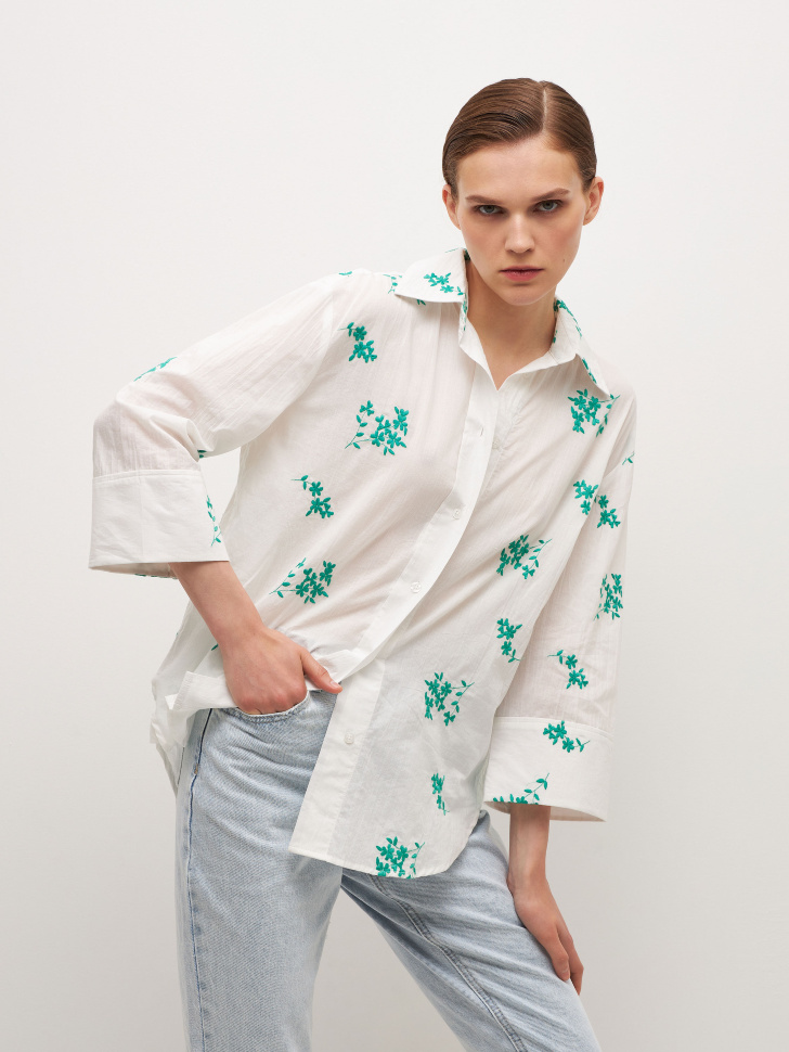 

Хлопковая рубашка с вышивкой, Зеленый