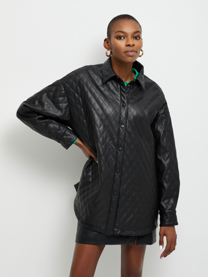 Cтеганая куртка-рубашка из экокожи (черный, L) от Sela