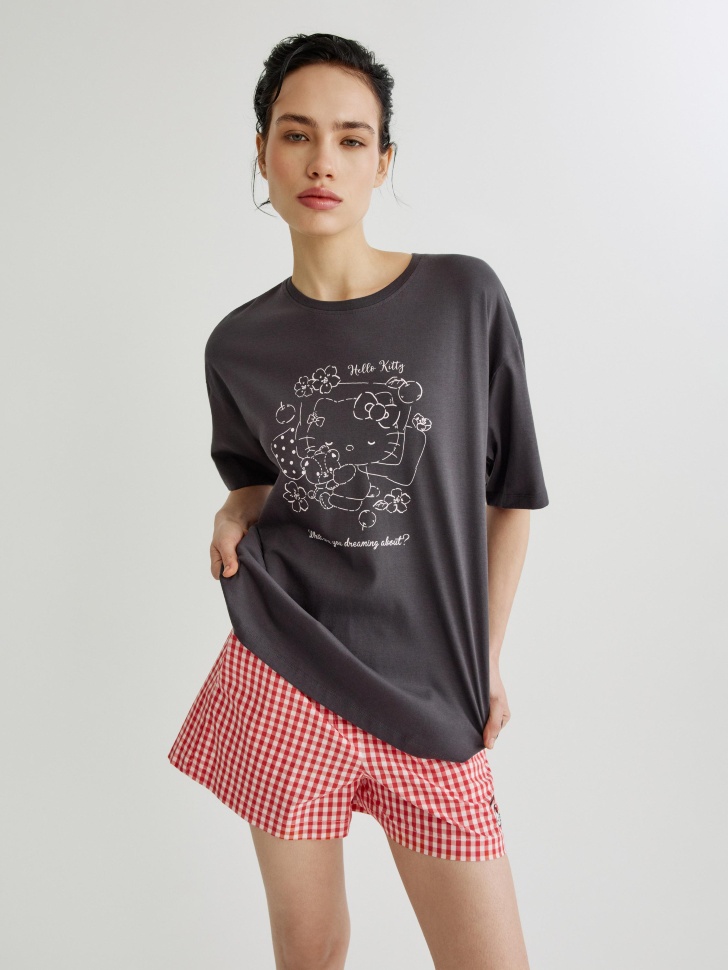 Футболка SELA для дома оверсайз с принтом Hello Kitty, серый, арт. 39165