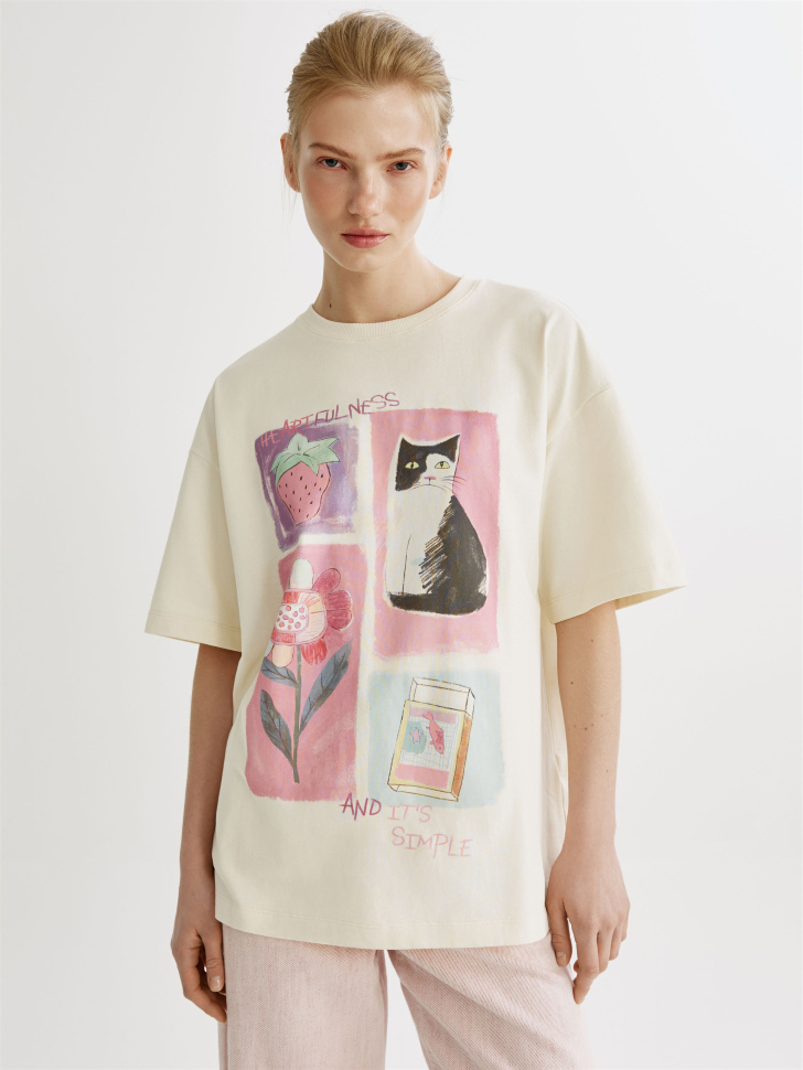 Футболка оверсайз Sela с принтом, бежевый, арт. 52054