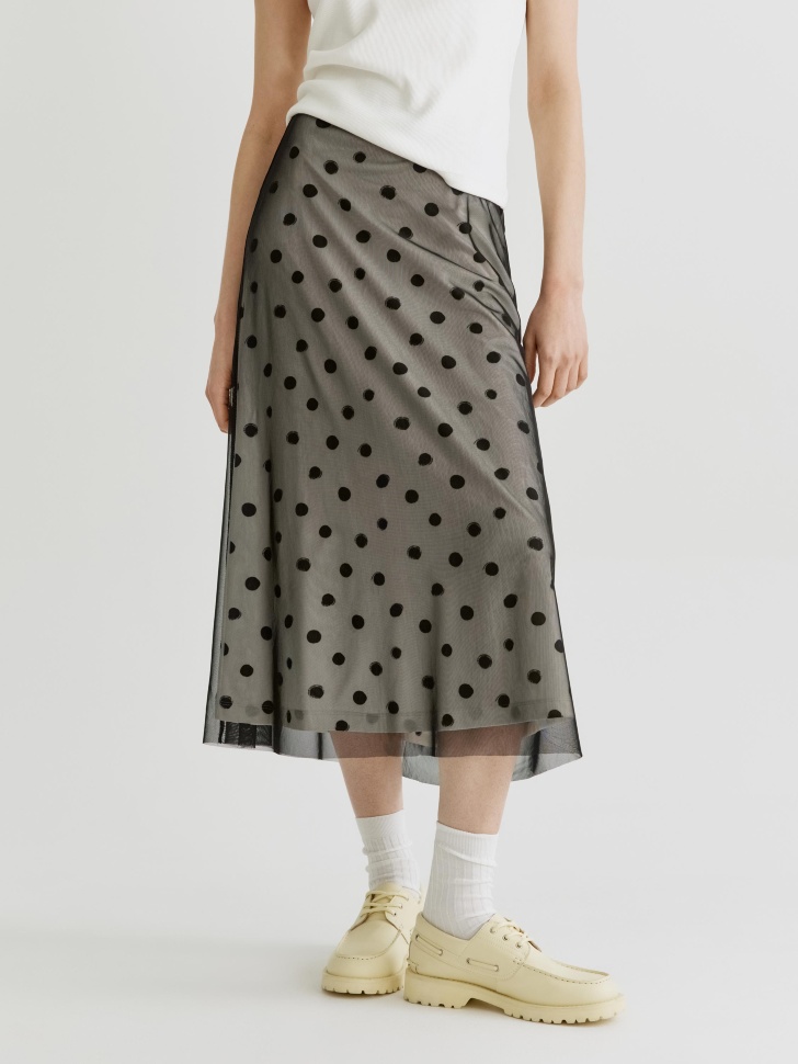 юбка миди из трикотажной сетки в горошек от бренда sela вид слева