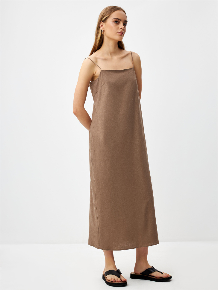 Платье миди из смесового льна (коричневый, L) sela 4680168520976 - фото 3