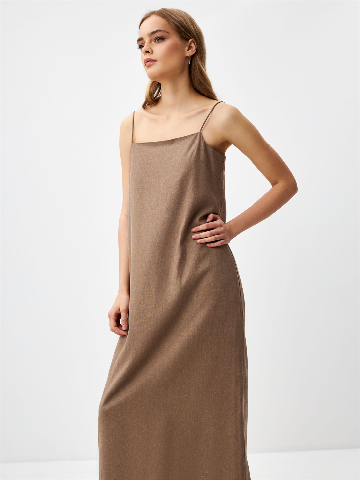 Платье миди из смесового льна (коричневый, L) sela 4680168520976 - фото 5