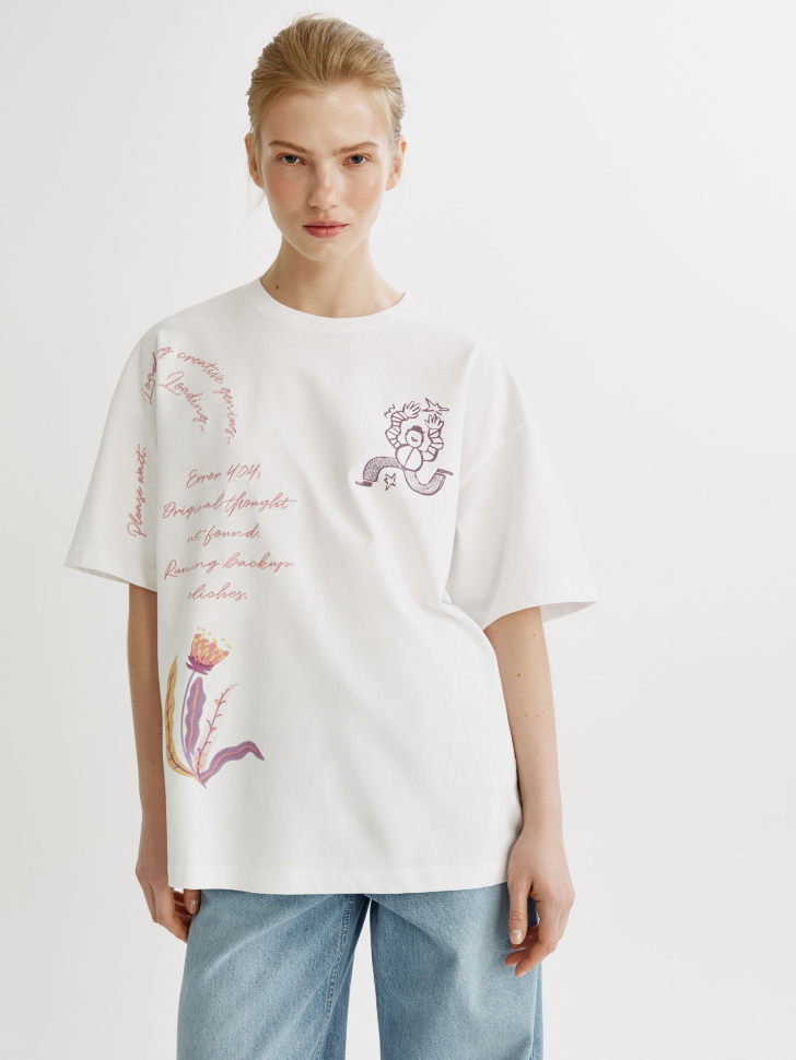 Футболка оверсайз Sela с принтом и вышивкой, белый, арт. 52117
