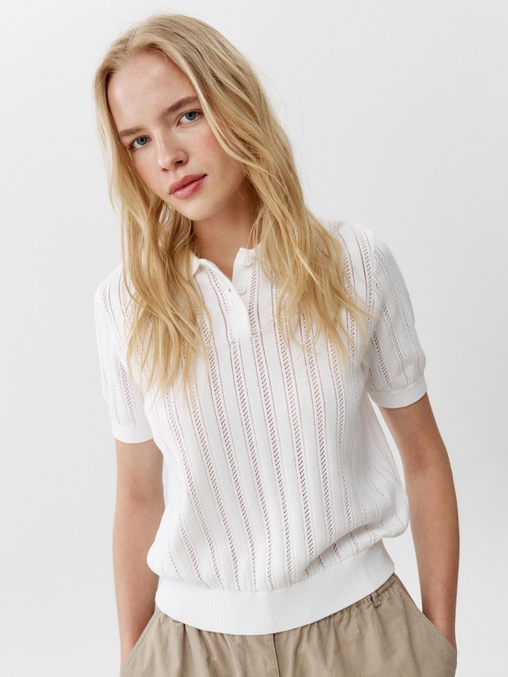 Вязаное поло Sela фактурной вязки, белый, арт. 52736