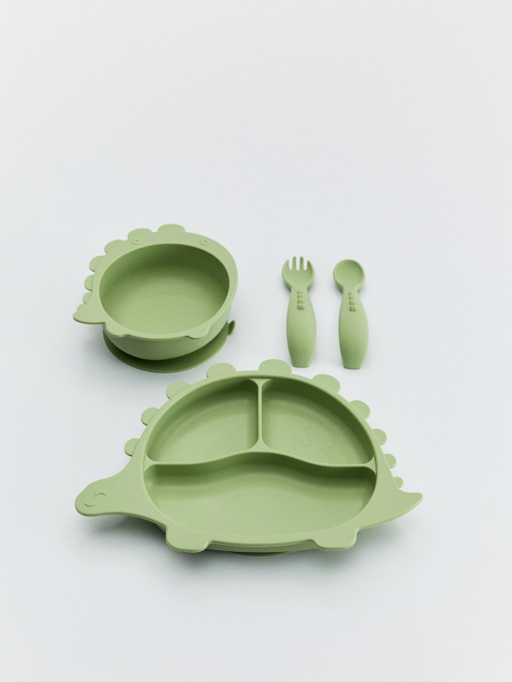 Набор детской силиконовой посуды для кормления, зеленый, арт. art-dinosaur-001