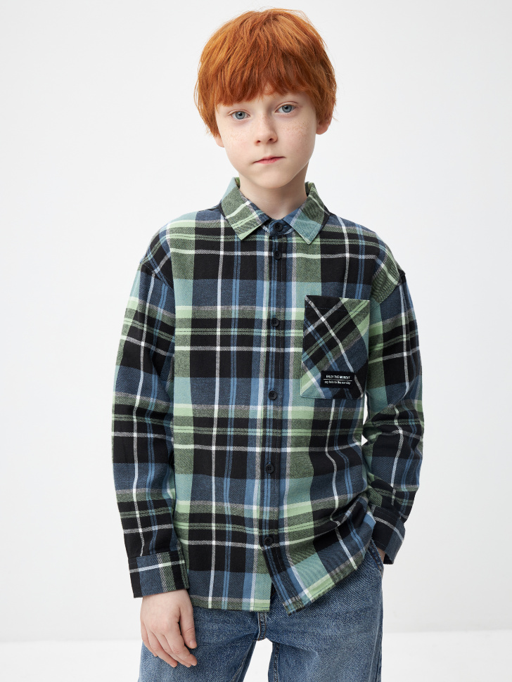 Хлопковая рубашка в клетку для мальчиков (зеленый, 146)