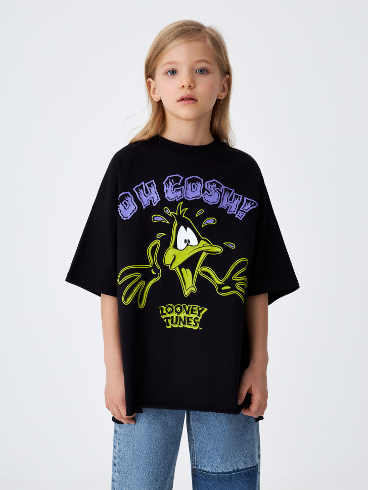 Укороченная футболка с принтом Looney Tunes для девочек (черный, 122)