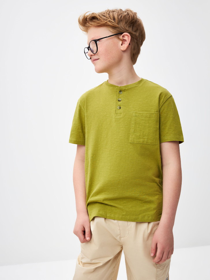 Базовая футболка на пуговицах для мальчиков (зеленый, 164)