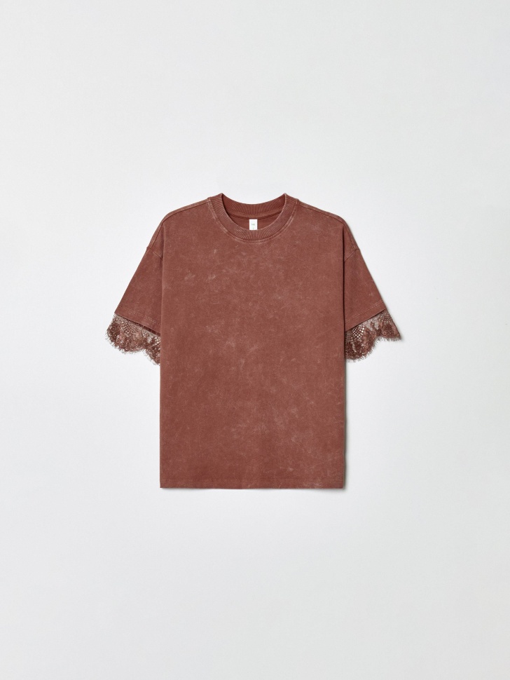 Футболка SELA оверсайз с кружевом для девочек, коричневый, арт. 36280