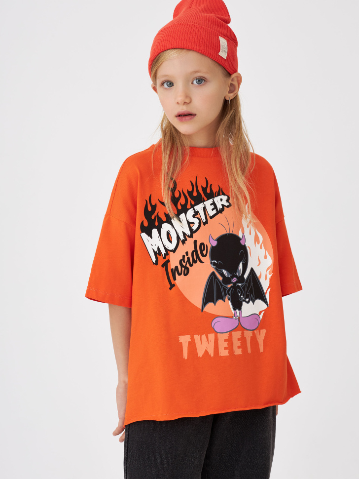 Укороченная футболка с принтом Looney Tunes для девочек (оранжевый, 122)