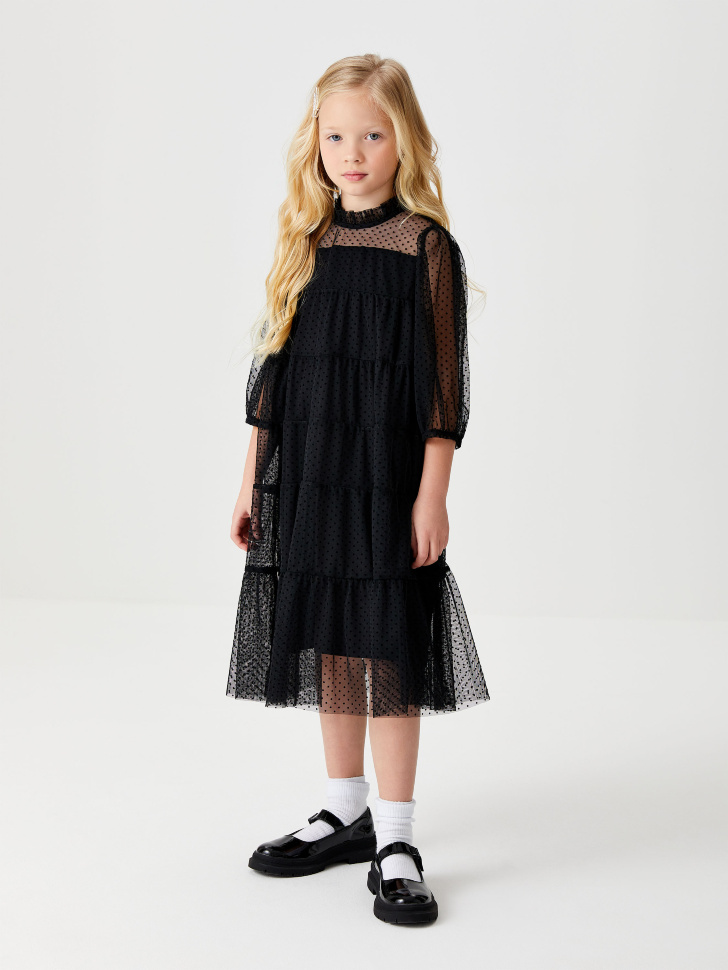 Ярусное платье в горошек для девочек (черный, 134/ 9-10 YEARS) от Sela