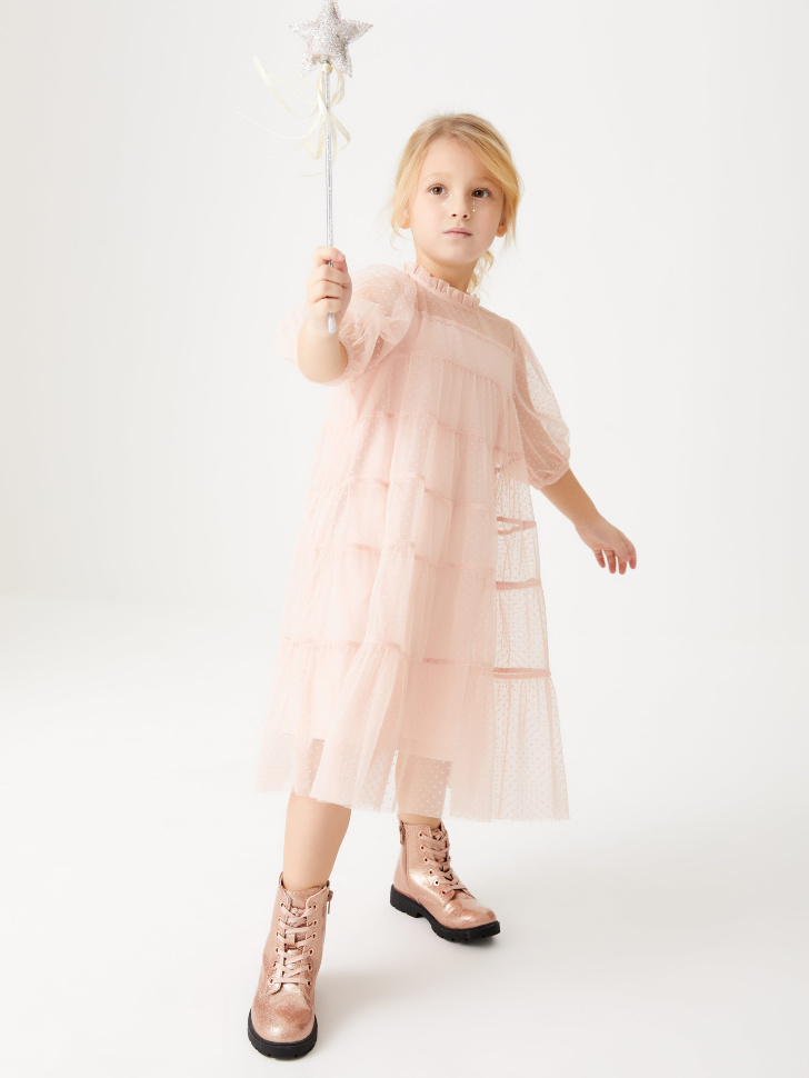 

Ярусное платье в горошек для девочек, Розовый