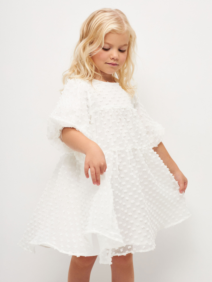 

Ярусное платье с вышивкой плюмети для девочек, Белый