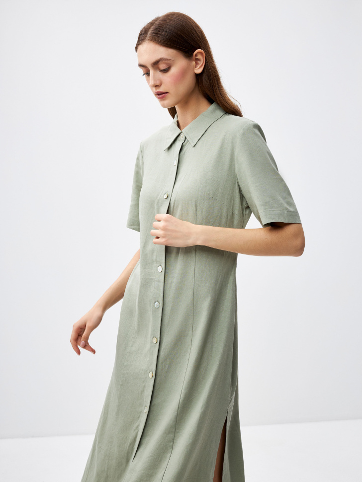 Платье миди из смесового льна (зеленый, L) sela 4680168521133 - фото 3