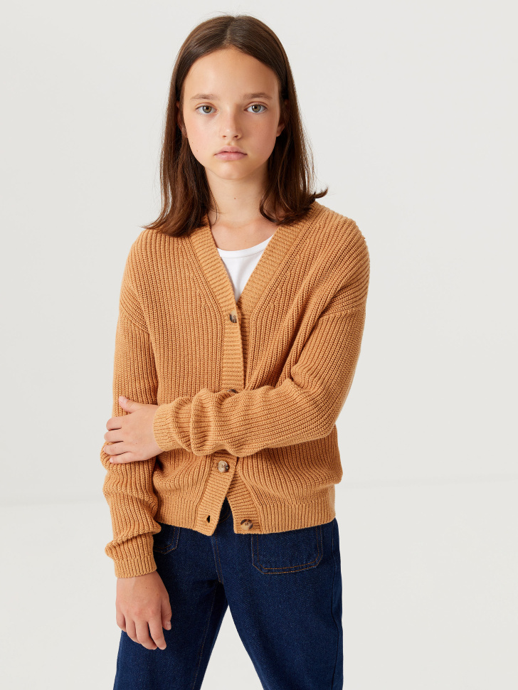 

Школьный кардиган крупной вязки для девочек, Бежевый