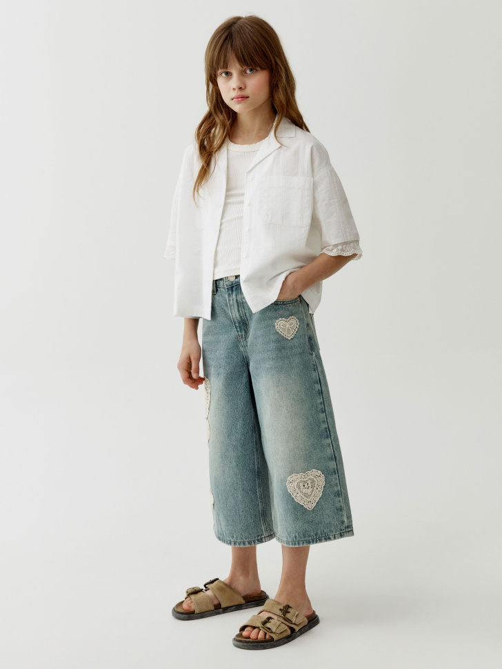 джинсовые удлиненные шорты с аппликацией для девочек 4610517887061 фотография