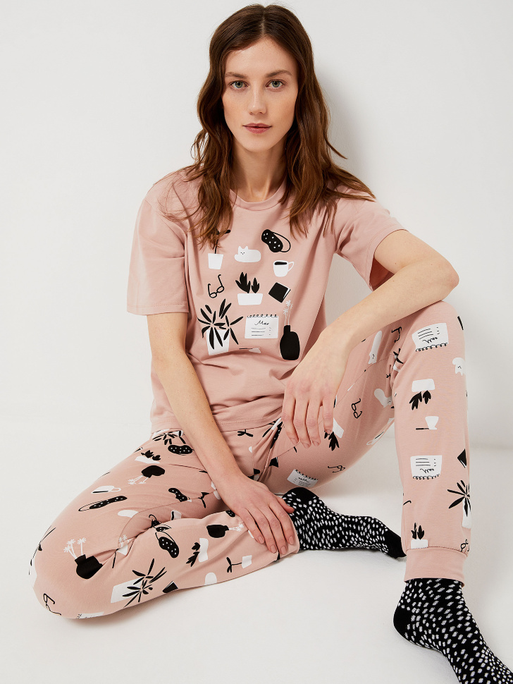 Трикотажная пижама с принтом (розовый, XS)